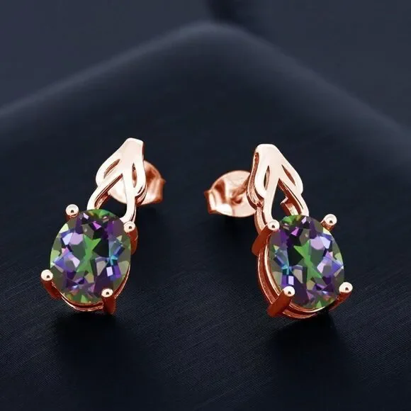 18K Rose Gold 925 with 3.60 Cttw Green Mystic Topaz Oval Post Back Drop Earrings